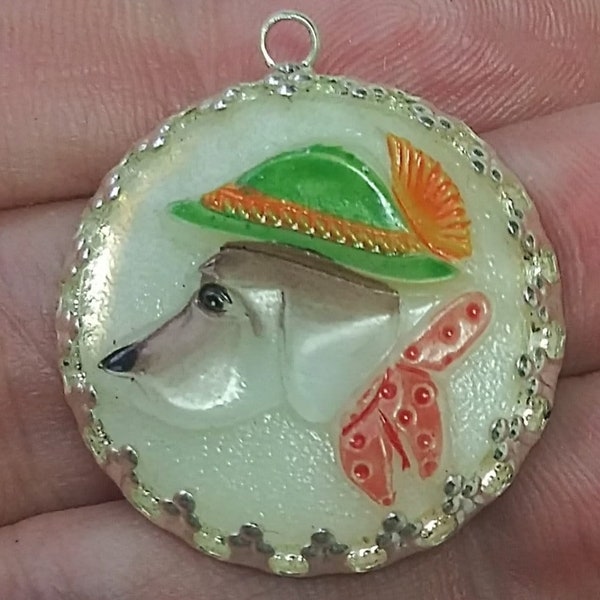 Beautiful hand made 1 inch Czech art glass button pendant for your creations wiener dog in a hat with colorful paint on uranium glass