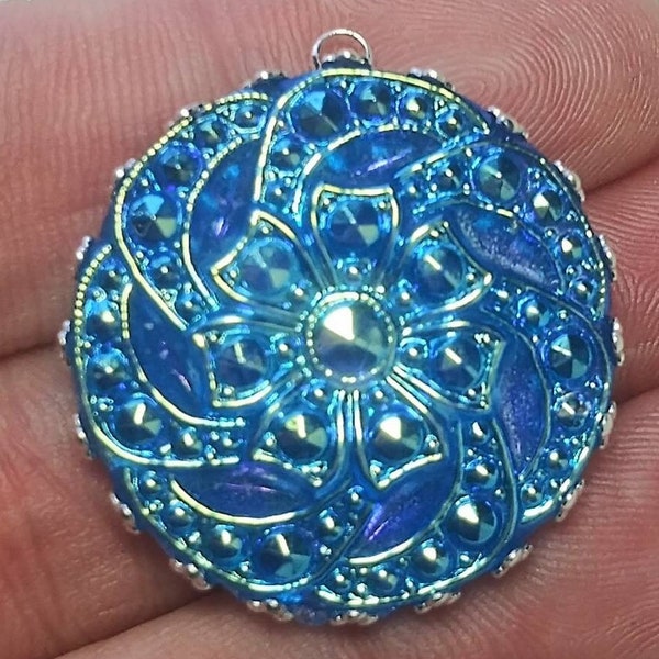 Beautiful hand made carnival lustered bright blue glass 1 inch Czech art glass button pendant for your creations lots of sparkle