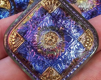 XL Czech art glass button front painted back coated 1 1/4 inch or 34mm Art Deco stained glass window design blue, purple, gold square