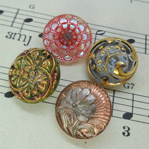 4 Czech art glass buttons fancy back coated lacy and lustered finishes 3/4 inch 18mm