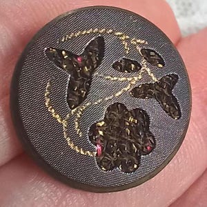 Antique tinsel perfume button in very good condition .71 inch Victorian clothing button collectable 1800s tinted etched brass warm brown