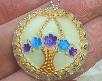 Beautiful hand made 1 inch Czech art glass button pendant for your creations shabby chic flower basket with colorful paint on uranium glass