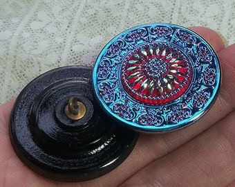 XL Czech art glass button 1 1/4 inch or 34mm floral ruby glass and black glass 2 part floral stunning