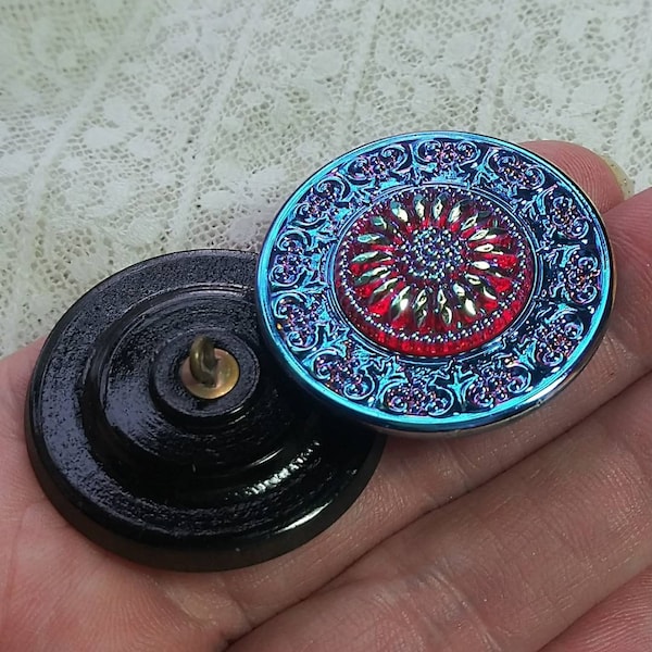 XL Czech art glass button 1 1/4 inch or 34mm floral ruby glass and black glass 2 part floral stunning