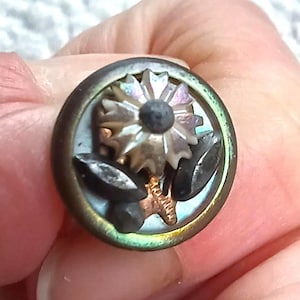 Less common antique carved iridescent MOP flower button cut steel leaves brass stem multi part construction Victorian clothing button .52 in