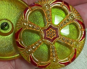 XL Czech art glass front painted back coated button 1 5/8 inch or 46mm art deco lacy moonglow window citrus and red