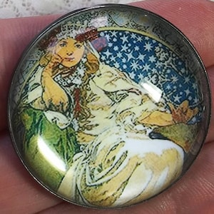 XL modern Czech acrylic domed button 1 3/8 inch, 35mm beautiful Mucha Maiden with beautiful jeweled headpiece astrology star background image 1