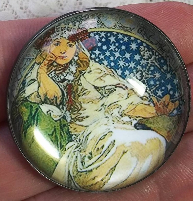 XL modern Czech acrylic domed button 1 3/8 inch, 35mm beautiful Mucha Maiden with beautiful jeweled headpiece astrology star background image 1
