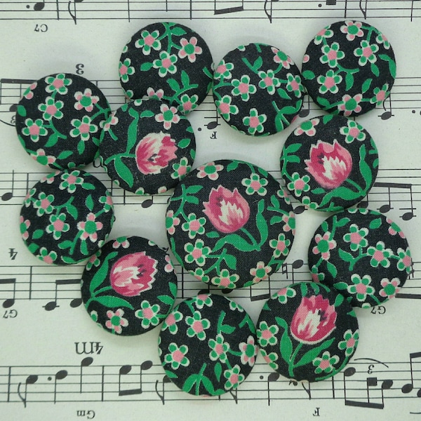 12 large vintage fabric covered buttons pink and black floral make your own ponytail holders