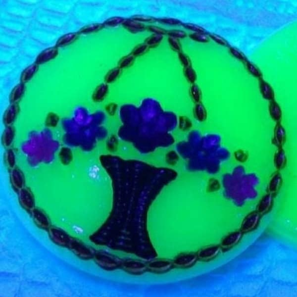 Beautiful hand made 1 inch Czech glass button pendant for your creations shabby chic flower basket with colorful paint on uranium glass