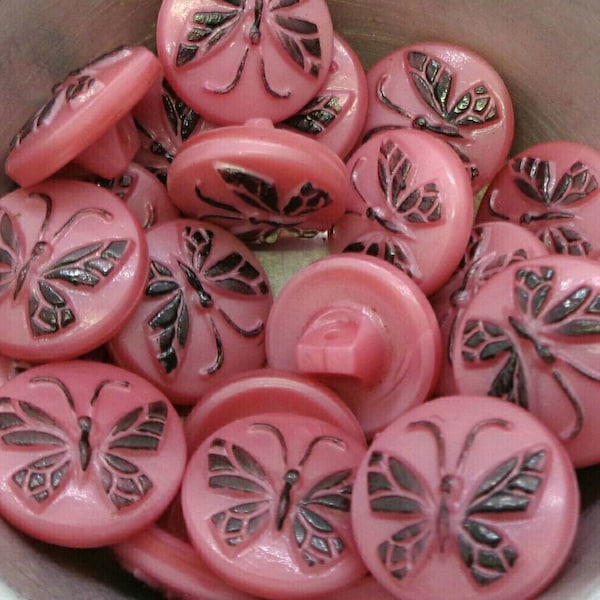 6 hand painted Czech glass novelty buttons kiddie buttons 5/8 inch pink satin glass with black butterfly