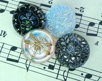 4 Czech art glass buttons fancy back coated lacy and lustered finishes 3/4 inch 18mm