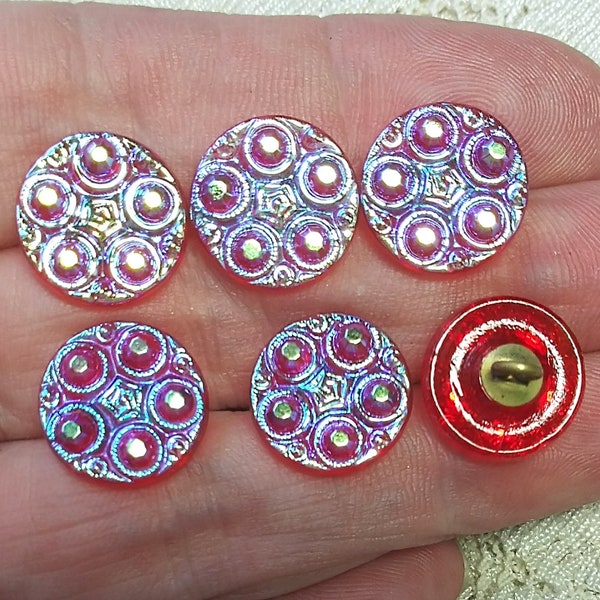6 dimi dimunitive carnival luster on ruby red glass Czech glass buttons 14mm perfect for button earrings faux jewel design