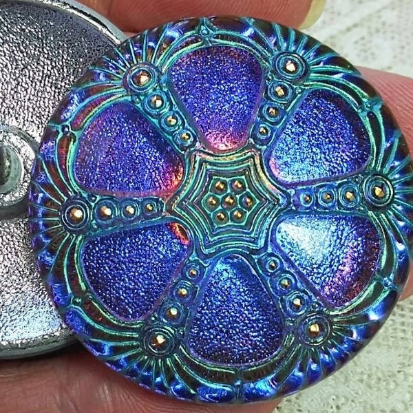 XL Czech art glass front painted back coated button 1 5/8 inch or 46mm art deco lacy moonglow window blue purple aqua