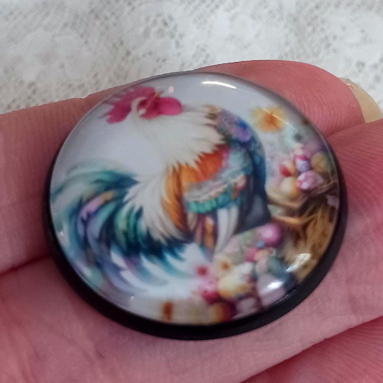 Modern Glass Domed Bubble Button 1 Inch Flowers and Pastel Rooster Bird ...