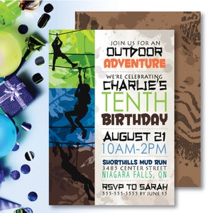 Puede incluir: Una invitación de cumpleaños con fondo verde, azul y marrón. La invitación es para el décimo cumpleaños de Charlie y es para una aventura al aire libre. La invitación dice "Únete a nosotros para una aventura al aire libre. Celebramos el décimo cumpleaños de Charlie. 21 de agosto, 10:00 a. m. a 2:00 p. m. Shorhills Mud Run, 3485 Center Street, Niagara Falls, ON. RSVP a Sarah, 555-555-5555 antes del 15 de junio."