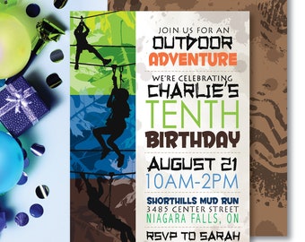 Zip Line *Mud Run* Printable Birthday Invitation | Digital Evite Invitation | Kids Aerial Runway Party | Outdoor Adventure | Blue | CUSTOM