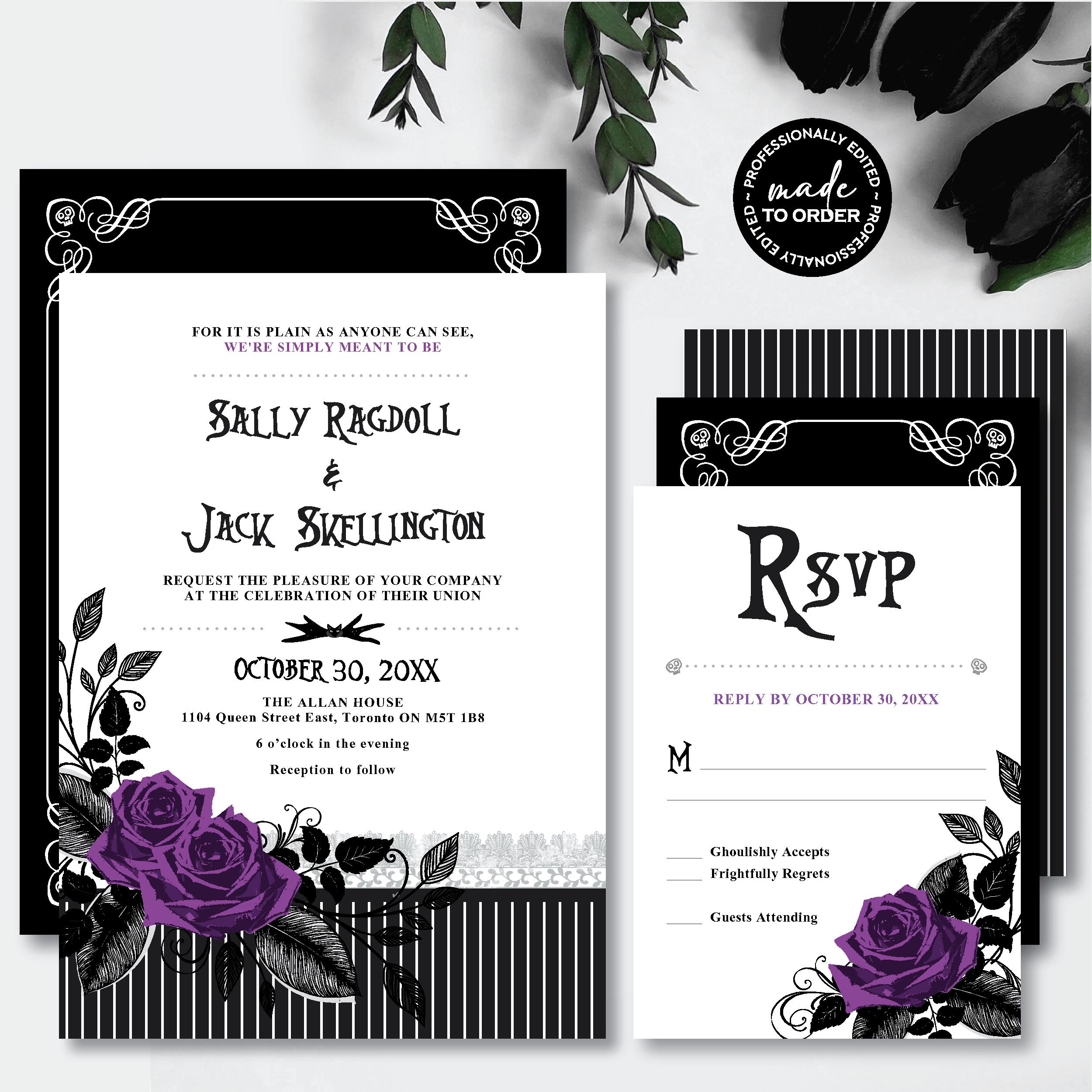 Nightmare *Skellington Stripe* Printable Wedding Invitation Suite | Digital Evite | RSVP Card | Halloween Skull Party | Purple Rose | CUSTOM