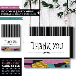 以下が含まれることがあります： ナイトメアパーティーをテーマにした、印刷可能なサンキューカード。「Thank You」の文字が様式化されたフォントで表示され、白黒のストライプのボーダーとカラフルなパッチワークのデザインが特徴です。カードの内側は空白です。