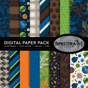 Dinosaur Blue Camouflage Digital Paper Pack | Printable Kids Dino Scrapbook Paper | JPEG 12X12 Pattern | Dinosaur Fossil Theme: READY-MADE