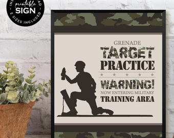 Army Grenade Target Practice Game Sign | Printable Military 8X10 Party Decoration | Green Camouflage Theme: INSTANT DOWNLOAD