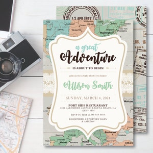 Reizen * Groot avontuur * afdrukbare babyshoweruitnodiging | Digitale feestavond | Het avontuur wacht | Vintage wereldkaart | Paspoort | OP MAAT