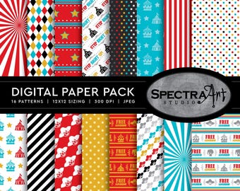 Circus Clown Digital Paper Pack | Printable Carnival Scrapbook Paper Bundle | 12X12 JPEG Pattern | Kids Big Top Theme: INSTANT DOWNLOAD