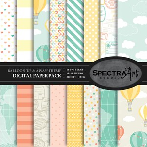 Pack de papier numérique sur le thème « Up & Away » sur le thème « Montgolfière » | Papier de scrapbooking imprimable | JPG 12 X 12 Motif | Clipart Voyage | TÉLÉCHARGEMENT IMMÉDIAT