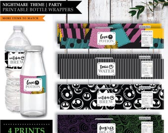 Nightmare *Skellington Love* Printable Water Bottle Labels | Juice Bottle Bands | Party Bottle Stickers | Drink Wrappers | INSTANT DOWNLOAD