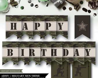 Army &#39;Military Men&#39; Green Theme *Printable Happy Birthday Banner Flags* Party Sign / Kids / Camouflage / Party Decoration / INSTANT DOWNLOAD