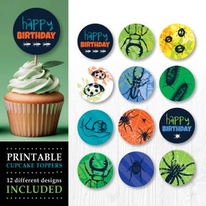 Insekt Blau Geburtstag Cupcake Topper | Druckbare Bug Bash Snack Etiketten | DIY Party Dekorationen | Gruseliges Krabbeltier Motiv: SOFORT DOWNLOAD
