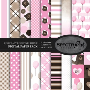Pacote de papel digital com tema de urso *balão rosa bebê* | Papel para scrapbook para impressão | Padrão JPG 12X12 | Clip Art de urso de pelúcia | DOWNLOAD INSTANTÂNEO