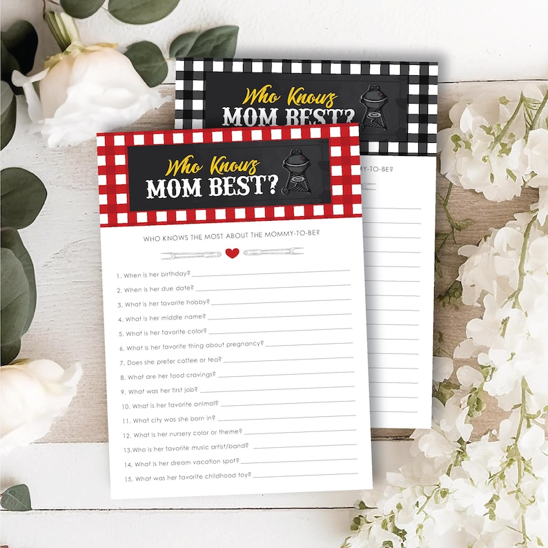 Baby-Q Cartes de jeu pour baby shower | Recherche de mots et brouillage barbecue imprimables | connaît mieux sa mère | Bingo au barbecue | Thème Vichy rouge : TÉLÉCHARGEMENT IMMÉDIAT image 2