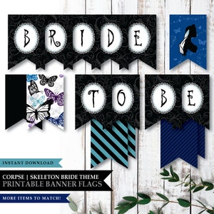 May include: Printable banner flags with a black and white damask pattern, blue and white stripes, and a butterfly pattern. The flags spell out "Bride to Be".