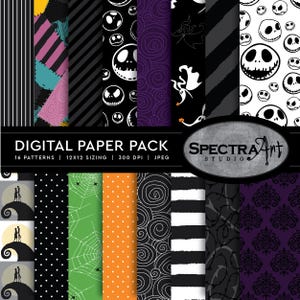 Puede incluir: Un paquete de papel digital con 16 patrones que incluyen rayas blancas y negras, espirales moradas, puntos naranjas, telarañas verdes y rostros. El texto dice DIGITAL PAPER PACK 16 PATTERNS 12X12 SIZING 300 DPI JPEG SPECTRA ART STUDIO.