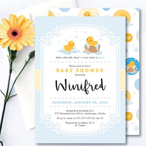 Duck *Yellow Ducky* Printable Baby Shower Invitation | Digital Party Evite | Bubble Bath Time | Rubber Bath Toy | Blue Polka Dot | CUSTOM