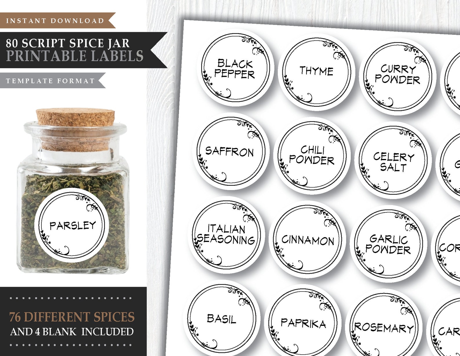 80 Spice Jar Labels 'Whimsical Leaf' *Digital Printable DIY Label...