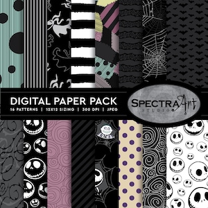 May include: A digital paper pack featuring 16 patterns with black, white, and muted colour schemes. Designs include stripes, polka dots, spider webs, bats, and character faces. Text reads: DIGITAL PAPER PACK 16 PATTERNS 12X12 SIZING 300 DPI JPEG SPECTRA ART STUDIO.