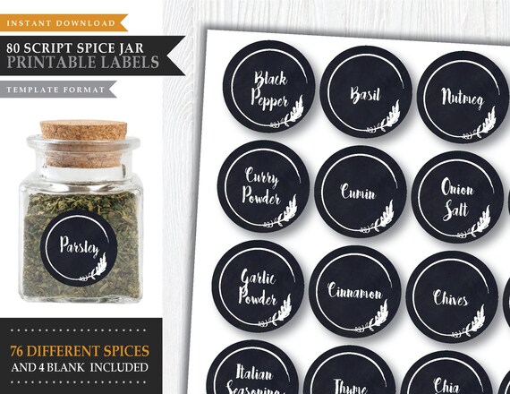 80 Spice Jar Labels 'sketch Leaf' digital Printable DIY Labels