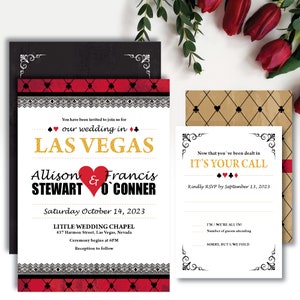 Thème du casino « Las Vegas Lace » * Faire-part de mariage imprimable * Cartes de blackjack / Mariage à destination / Réservez la date / Cravate noire / Blanc rouge