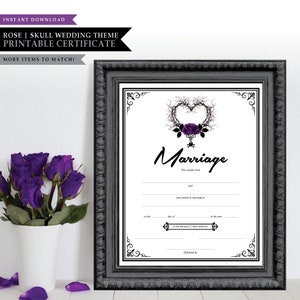 Tema Skull 'Thorn Heart' *Licencia de matrimonio imprimible* Licencia de boda / Plantilla de certificado / Recuerdo de voto editable / Rosa oscura / PERSONALIZADO