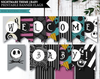 Nachtmerrie * Skellington Love * afdrukbare welkomstbanner babyshower | Feestbord | Meisje of jongen | Feestdecoraties | Roze | DIRECT DOWNLOADEN