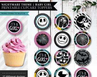 Nightmare *Skellington Love* Printable Cupcake Toppers | Dessert Snack Labels | Baby Girl | Party Decorations | Favor Tag | INSTANT DOWNLOAD