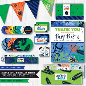 Könnte beinhalten: Druckbarer Party-Set für eine Geburtstagsparty zum Thema Insekten. Das Set enthält eine Dankeskarte, Lebensmitteletiketten, ein Banner und runde Aufkleber. Das Design ist in den Farben Blau, Grün und Orange gehalten und zeigt verschiedene Insekten, darunter Käfer, Spinnen und Tausendfüßler.