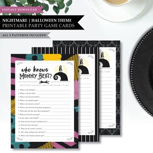 Tarjeta de juego imprimible para baby shower de *Amor de Skellington*: Pesadilla / ¿Quién conoce mejor a mamá? / ¿Qué tan bien conoces a mamá? / Mamá vs. Papá / DESCARGA INSTANTÁNEA