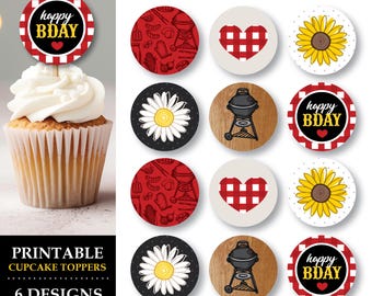 BBQ Birthday Cupcake Toppers | Printable Backyard Barbecue Party Decorations | Red Gingham Picnic Theme: INSTANT DOWNLOAD