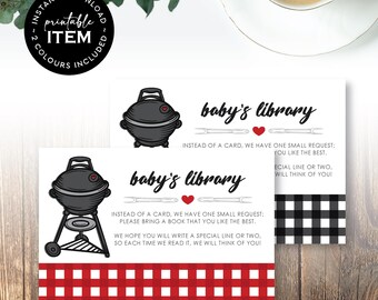 Baby-Q BBQ-boekaanvraagkaart | Afdrukbare tuinbarbecue babybibliotheekpas | Boeken voor baby's | Thema rode gingham-picknick: INSTANT DOWNLOAD