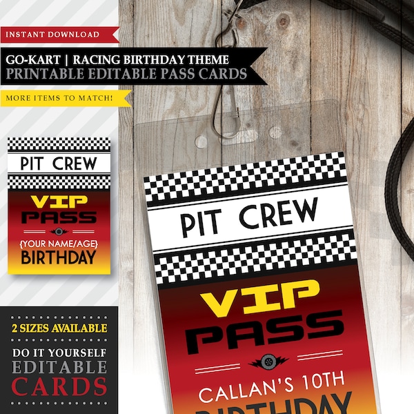 Go-Kart 'Indoor Race' Theme *Printable Pit Crew Pass Card* Go Cart / Race Car Party / Racing Birthday / Party Decorations / INSTANT DOWNLOAD