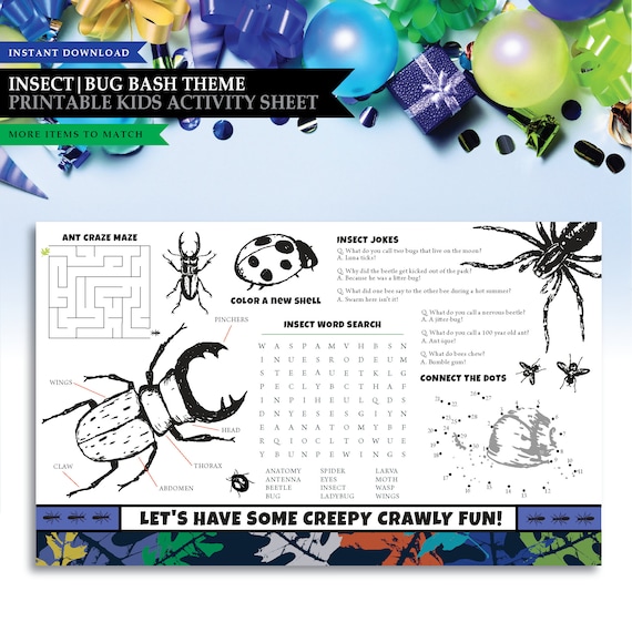 Insect 'Bug Bash Blue' Theme *Printable Kid Coloring Sheet* Party Favor / Activity Page / Party Game Puzzle / Creep Crawl / INSTANT DOWNLOAD
