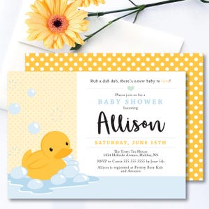 Duck *Yellow Ducky* Printable Baby Shower Invitation | Digital Party Evite | Bubble Bath Time | Rubber Bath Toy | Blue Polka Dot | CUSTOM